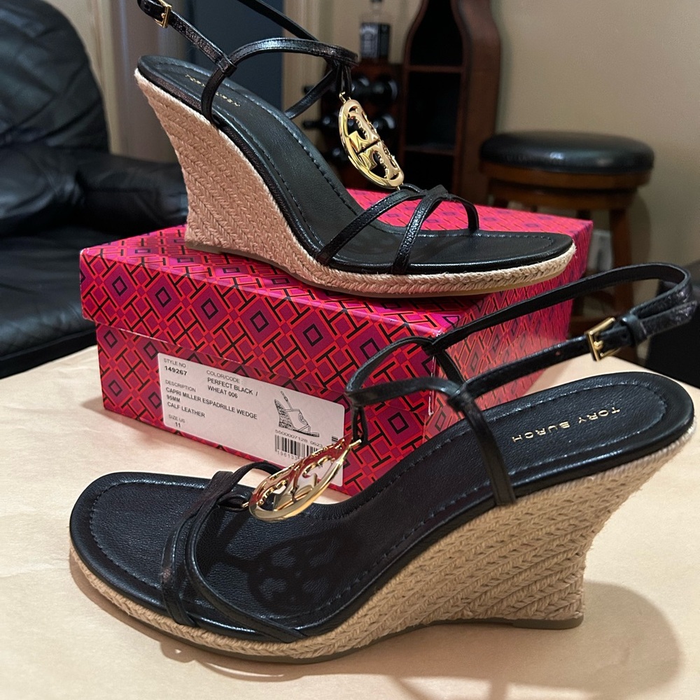 Tory Burch Leather Capri Miller Espadrille Wedge Sandals -New, Never Worn
